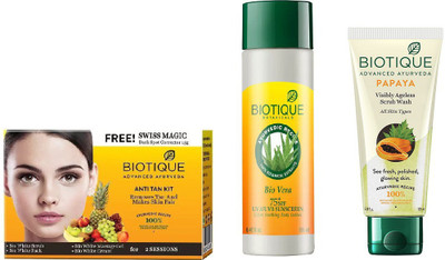 

BIOTIQUE BIO Bio Anti Tan Facial Kit, Bio Vera 75+ Spf Sunscreen Ultra Soothing Body Lotion, Bio Papaya Exfoliating Face Wash(Set of 3)
