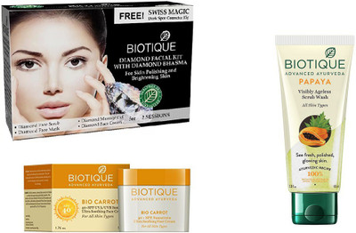 

BIOTIQUE BIO Bio Diamond Facial Kit, Bio Carrot 40+ Spf Sunscreen Ultra Soothing Face Cream, Bio Papaya Exfoliating Face Wash(Set of 3)