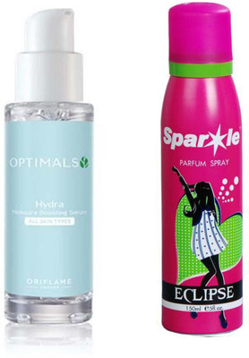 

Oriflame Sweden OPTIMALS HYDRA MOISTURE BOOSTING SERUM ALL SKIN TYPES (30 ml) with one sparkle perfume spray 150 ml(Set of 2)
