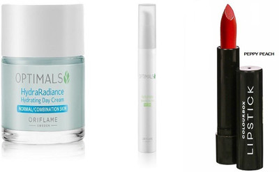 

Oriflame Sweden Optimals Hydra Radiance Hydrating Day Cream & Optimals Hydra Matte Balancing Day Fluid Oily Skin & Colourbox Lipstick Peppy Peach (SET OF 3)(Set of 3)
