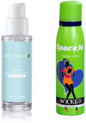 

Oriflame Sweden OPTIMALS HYDRA MOISTURE BOOSTING SERUM ALL SKIN TYPES (30 ml) with one sparkle perfume spray 150 ml(Set of 2)