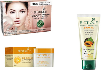 

BIOTIQUE BIO Bio Pearl White Facial Kit, Bio Carrot 40+ Spf Sunscreen Ultra Soothing Face Cream, Bio Papaya Exfoliating Face Wash(Set of 3)