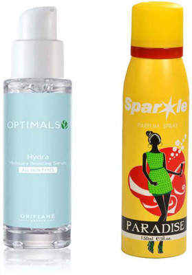 

Oriflame Sweden OPTIMALS HYDRA MOISTURE BOOSTING SERUM ALL SKIN TYPES (30 ml) with one sparkle perfume spray 150 ml(Set of 2)