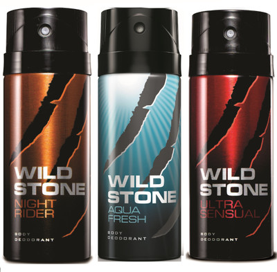 

Wild Stone Night Rider, Aqua Fresh & Ultra Sensual Deo Combo Deodorant Spray - For Men(450 ml, Pack of 3)