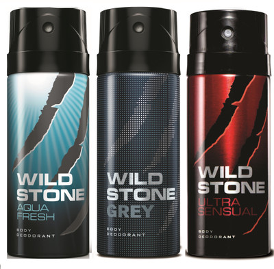 

Wild Stone Aqua Fresh, Grey & Ultra Sensual Deo Combo Deodorant Spray - For Men(450 ml, Pack of 3)