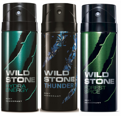 

Wild Stone Hydra Energy, Thunder & Forest Spice Deo Combo Deodorant Spray - For Men(450 ml, Pack of 3)