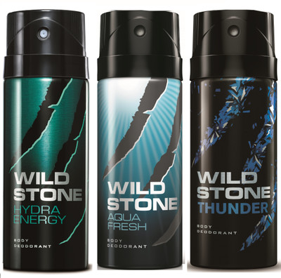 

Wild Stone Hydra Energy, Aqua Fresh & Thunder Deo Combo Deodorant Spray - For Men(450 ml, Pack of 3)