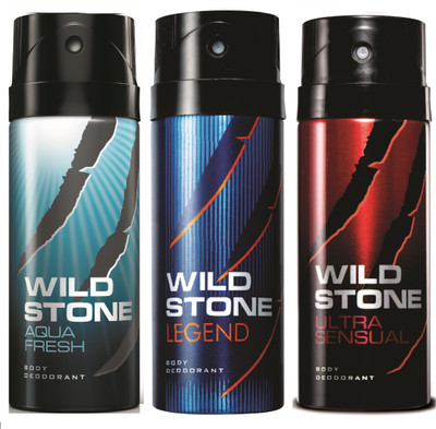 

Wild Stone Aqua Fresh, Legend & Ultra Sensual Deo Combo Deodorant Spray - For Men(450 ml, Pack of 3)