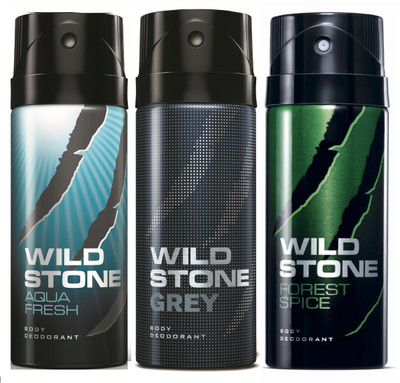 

Wild Stone Aqua Fresh, Grey & Forest Spice Deo Combo Deodorant Spray - For Men(450 ml, Pack of 3)