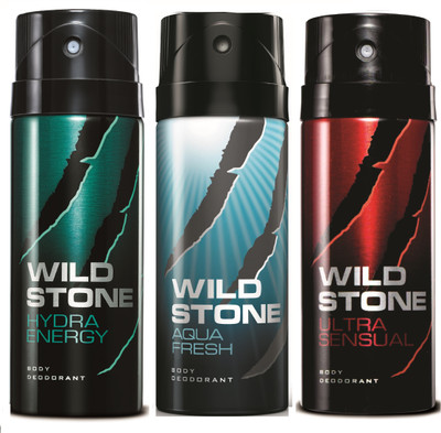 

Wild Stone Hydra Energy, Aqua Fresh & Ultra Sensual Deo Combo Deodorant Spray - For Men(450 ml, Pack of 3)
