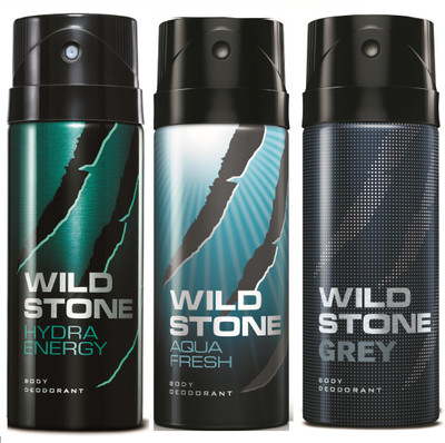 

Wild Stone Hydra Energy, Aqua Fresh & Grey Deo Combo Deodorant Spray - For Men(450 ml, Pack of 3)