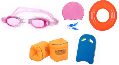

Venom MULTICOLOR GOGGLES, CAP WITH EAR, NOSE PLUG, 80 CENTIMER TUBE, ARM FLOTS & KICK BOARD Swimming Kit