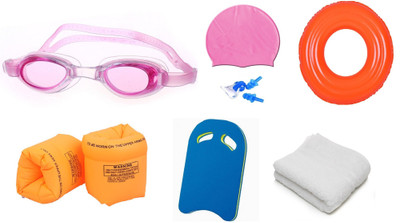

Venom MULTICOLOR GOGGLES, CAP WITH EAR, NOSE PLUG, 70 CENTIMER TUBE, ARM FLOTS, KICK BOARD & TOWEL Swimming Kit