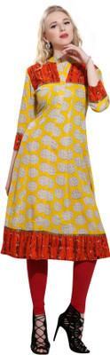 Avanya Women Printed A-line Kurta(Red, Yellow) Avanya Women Printed A-line Kurta(Red, Yellow)