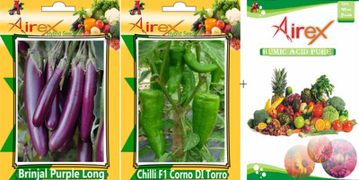 

Airex Brinjal Purple Long and Chilli F1 Corno DI Torro Seed + Humic Acid Fertilizer (For Growth of All Plant and Better Responce) 15 gm Humic Acid + Pack of 50 Seed Brinjal Purple Long + 50 Seed Chilli F1 Corno DI Torro) Seed Seed(100 per packet)