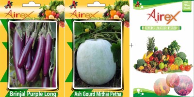 Airex Brinjal Purple Long and Ash Gourd Mithai Petha (Hybrid) Seed + Humic Acid Fertilizer (For Growth of All Plant and Better Responce) 15 gm Humic Acid + Pack of 50 Seed Brinjal Purple Long + 30 Seed Ash Gourd Mithai Petha (Hybrid) Seed Seed(80 per packet)