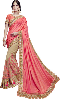Sasimo Embroidered Bollywood Cotton Blend, Poly Georgette Saree(Pink)