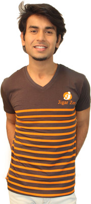 jigarzee Striped Men V-neck Grey T-Shirt