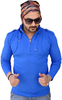 

Black Collection Solid Men's Flap Collar Neck Blue T-Shirt