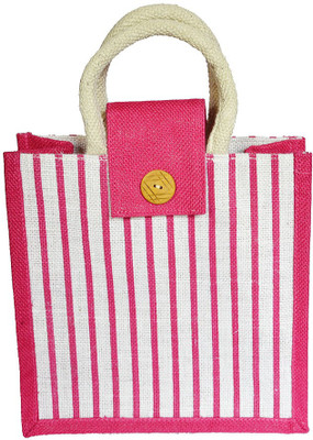 IMPRESSIONS FOREVER PINK STRIPES JUTE LUNCH BAG Lunch Bag(Pink, 4 L)