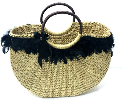 

sanskritindia Semi- Circle With Black Feather Handmade Cane Basket Multipurpose Bag(Beige, 1 L)