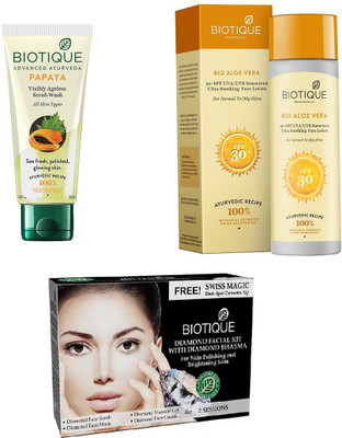 

BIOTIQUE BIO Bio Papaya Exfoliating Face Wash, Bio Aloe Vera 30+ Spf Sunscreen Ultra Soothing Face Lotion, Bio Diamond Facial Kit(Set of 3)