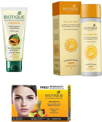 

BIOTIQUE BIO Bio Papaya Exfoliating Face Wash, Bio Aloe Vera 30+ Spf Sunscreen Ultra Soothing Face Lotion, Bio Anti Tan Facial Kit(Set of 3)