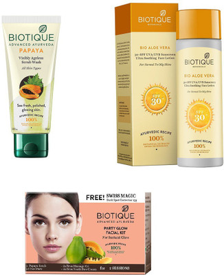 

BIOTIQUE BIO Bio Papaya Exfoliating Face Wash, Bio Aloe Vera 30+ Spf Sunscreen Ultra Soothing Face Lotion, Bio Party Glow Facial Kit(Set of 3)