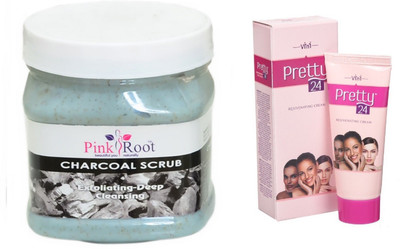 Pink Root Charcoal Scrub 500ml, Pretty24 Rejuvenating Cream(Set of 2)
