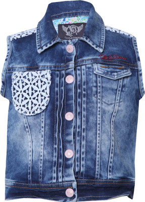 

Tales & Stories Sleeveless Embroidered Baby Girls Denim Jacket, Medium blue