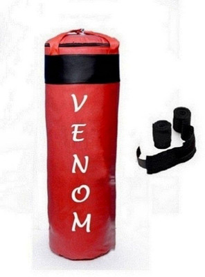 

Venom 7.5 Feet Long, PU Material, Red and Black Color, Unfilled with Hanging Straps and 9 Feet Long Black Color Hand Wraps Pair Boxing Kit