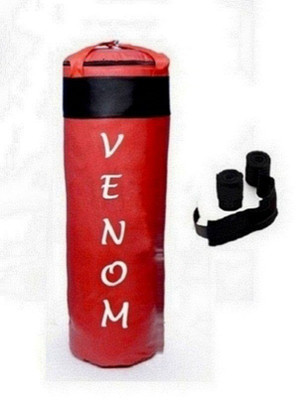 

Venom 3.5 Feet Long, PU Material, Red and Black Color, Unfilled with Hanging Straps and 9 Feet Long Black Color Hand Wraps Pair Boxing Kit