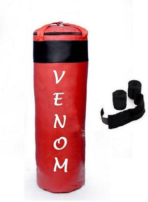 

Venom 6.0 Feet Long, PU Material, Red and Black Color, Unfilled with Hanging Straps and 9 Feet Long Black Color Hand Wraps Pair Gym & Fitness Kit