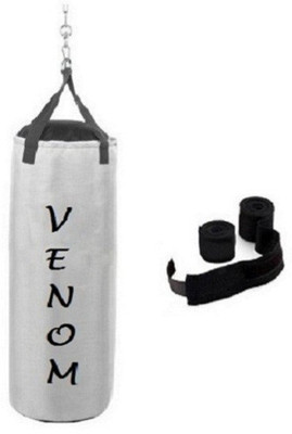 

Venom 1.5 Feet Long, SRF - STANDARD Material, White Color, Unfilled with Hanging Straps and 9 Feet Long Black Color Hand Wraps Pair Boxing Kit