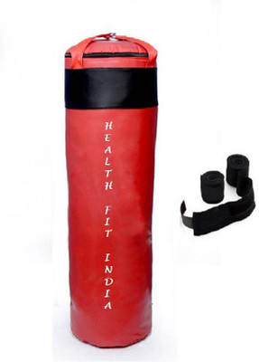 

HEALTH FIT INDIA 3.5 Feet Long, PU Material, Red and Black Color, Unfilled with Hanging Straps and 9 Feet Long Black Color Hand Wraps Pair Boxing Kit