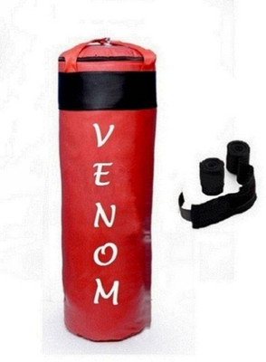 

Venom 5.0 Feet Long, PU Material, Red and Black Color, Unfilled with Hanging Straps and 9 Feet Long Black Color Hand Wraps Pair Boxing Kit