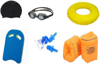

YUKI MULTICOLOR COLOR GOGGLES, CAP WITH EAR, NOSE PLUG, 50 CENTIMER TUBE, ARM FLOTS & KICK BOARD Swimming Kit