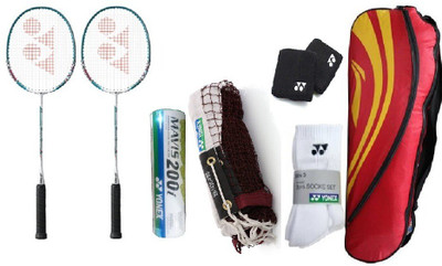

Yonex Combo Of Seven- Two 'Muscle Power- 2' Badminton Racket, One Box 'Mavis 200i' Shuttle cock (Pack of 6), One Pair of Wrist Band, One 143 C Badminton Net, One Pair of Socks and one '1004 PRM' Kit Bag- Badminton Kit