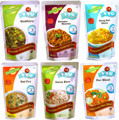 

VVO Ready to eat Freeze Dried Undhiyu, Baingan Bhartha , Mung Dal Shiro, Dal Fry, Jeera Rice & Pav Bhaji (Cpmbo of 6) 330 g