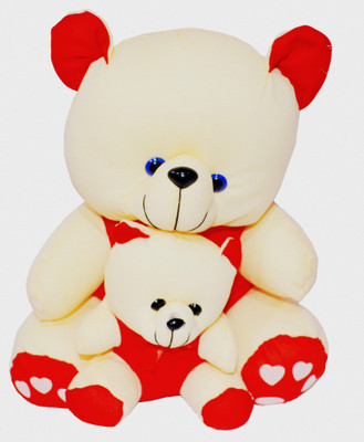 Shop4everything Mother Teddy Bear with baby - 29 cm(Creame, Red)