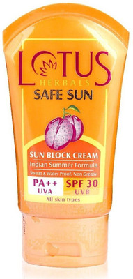 

Lotus Herbal Safe Sun Block Cream Indian Summer Formula Susncreen Cream (100g) Spf 30 PA++ - SPF 30 PA++(100 g)