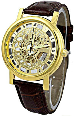 

Crude 2022 skelton dial golden dial brown strap wrist Watch - For Men