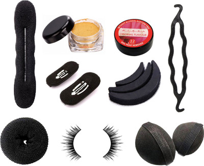 

Out Of Box 13-in-1 Beauty,Hair Accessories Combo Puff Bumpits 7 Pieces With 1 Piece Donut , 2 Magic Bun Maker, 1 Pair False Eyelashes, 1 Face Nail Shimmer Glitter, 1 Pieces (32 Pads) Nail Polish Remover(Set of 13)