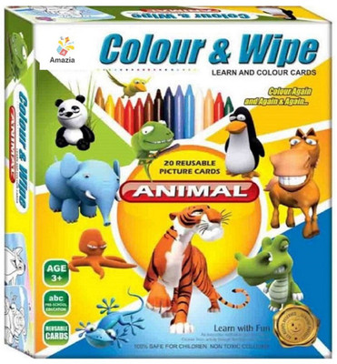 

Amazia Color and Wipe Animal Cards (20 reusable cards, 1 duster and 12 shades crayons) for kids(Multicolor)