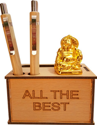 

VINTAN 3 Compartments Wooden MDF Decorative Wooden Religious Fengshui Laughing Buddha idol Pen Stand with Pen Handicraft Statue(Wood & Gold)
