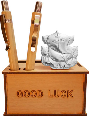 

VINTAN 3 Compartments Wooden MDF Decorative Wooden Religious God Ganesha idol Pen Stand with Pen Handicraft Statue(Wood & Silver)