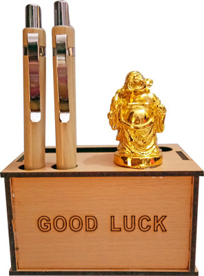 

VINTAN 3 Compartments Wooden MDF Decorative Wooden Religious God Ganesha idol Pen Stand with Pen Handicraft Statue(Wood & Gold)
