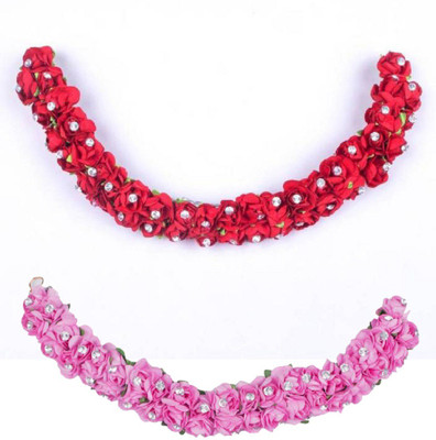 Majik Artificial Hair Flower Gajra / Veni Hair Accessories For Women Combo Bun(Pink, Red) Flipkart