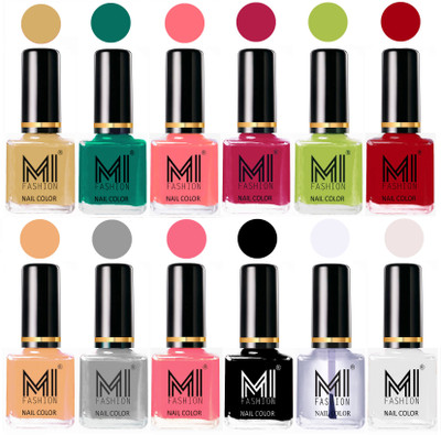 

MI Fashion Non-Toxic Premium Lacquer 7 Days Long Lasting Nail Polish Shades of 12 Pcs in Wholesale Rate- Tan ,Sea Green ,Pink ,Pink ,Lime Green ,Red ,Nude ,Grey ,Pink ,Black ,Top Coat ,White(Pack of 12)