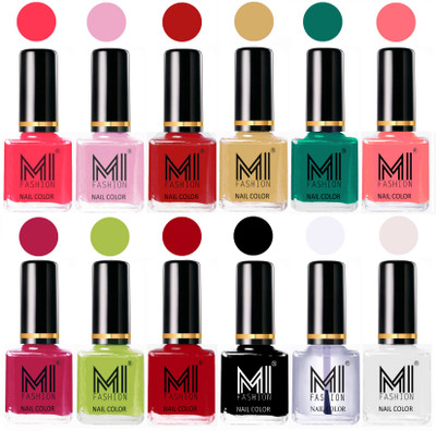 

MI Fashion Non-Toxic Premium Lacquer 7 Days Long Lasting Nail Polish Shades of 12 Pcs in Wholesale Rate- Neon Pink ,Pale Violet ,Red ,Tan ,Sea Green ,Pink ,Pink ,Lime Green ,Red ,Black ,Top Coat ,White(Pack of 12)